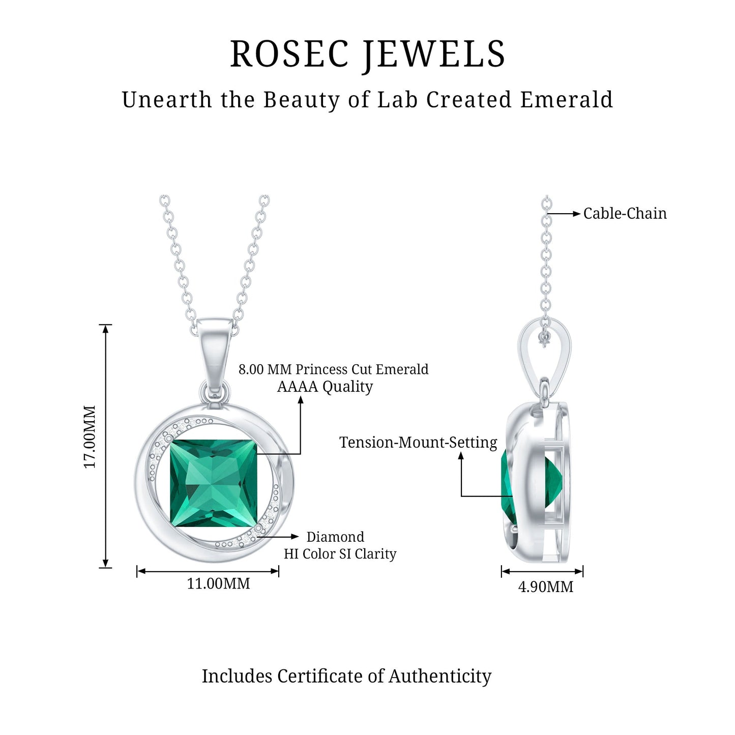 2.4 Carat Lab Created Emerald Princess Cut Pendant with Diamond