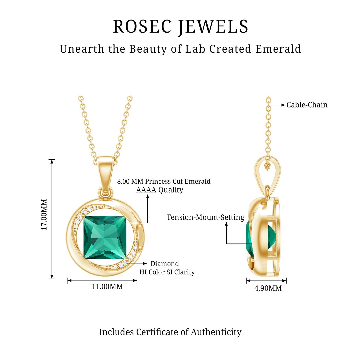2.4 Carat Lab Created Emerald Princess Cut Pendant with Diamond