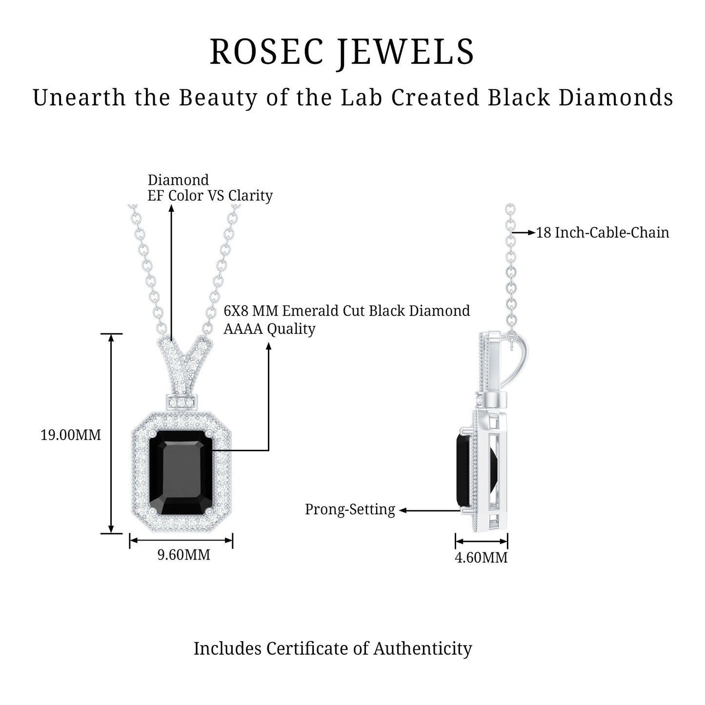 1.68 Carat Emerald Cut Lab Grown Black and White Diamond Vintage Necklace