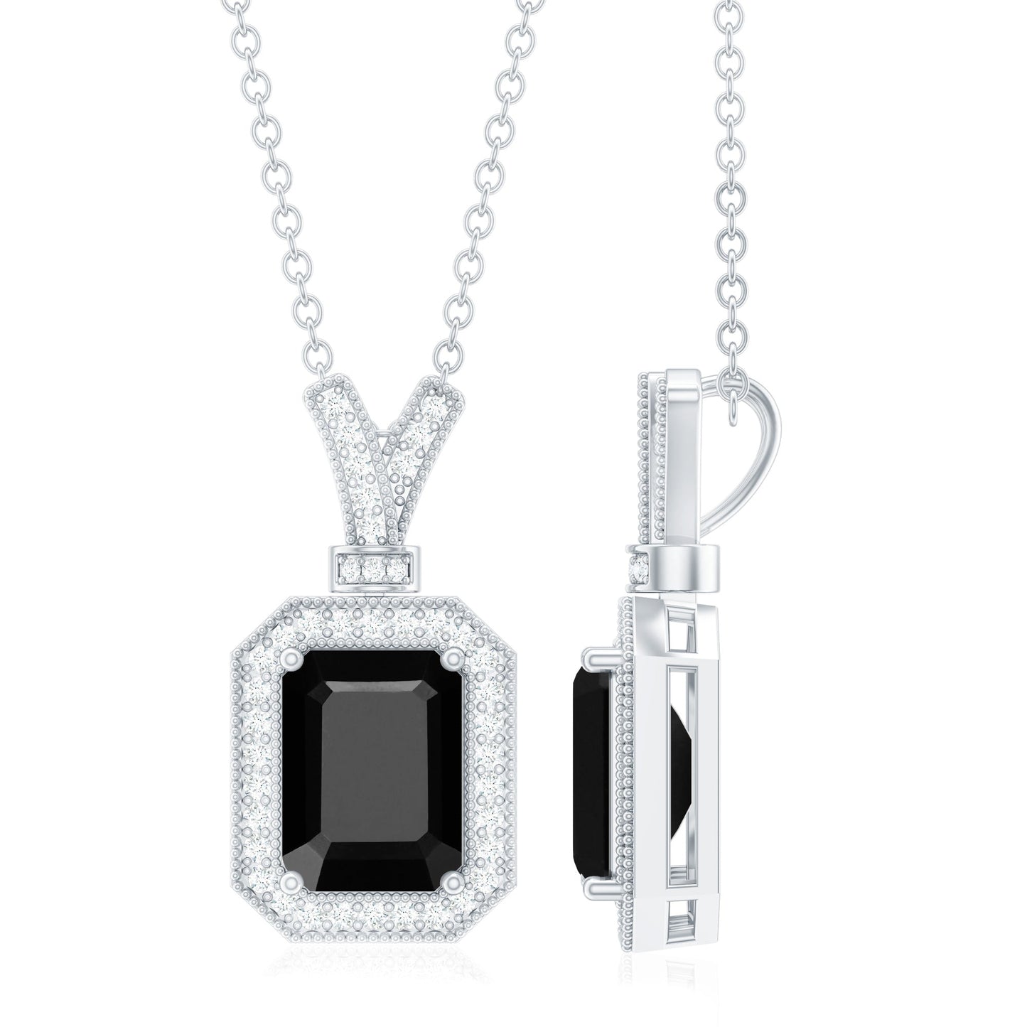 1.68 Carat Emerald Cut Lab Grown Black and White Diamond Vintage Necklace