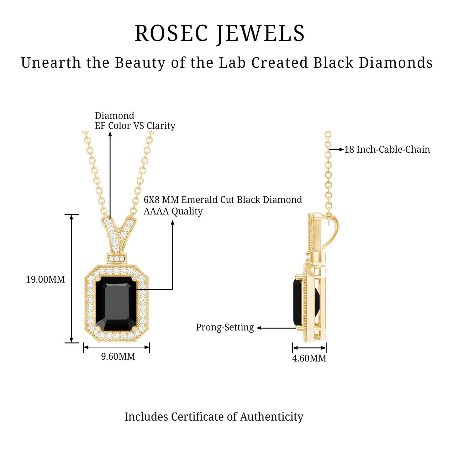 1.68 Carat Emerald Cut Lab Grown Black and White Diamond Vintage Necklace