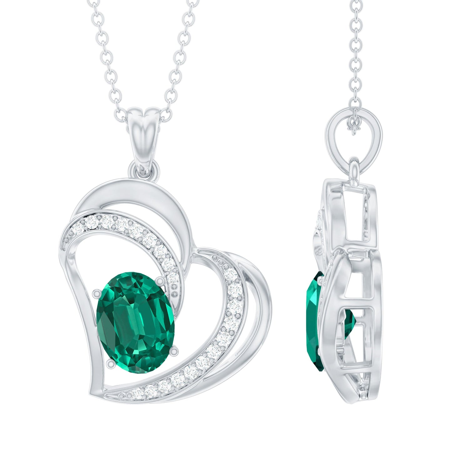 Lab Grown Emerald Heart Pendant Necklace with Diamonds
