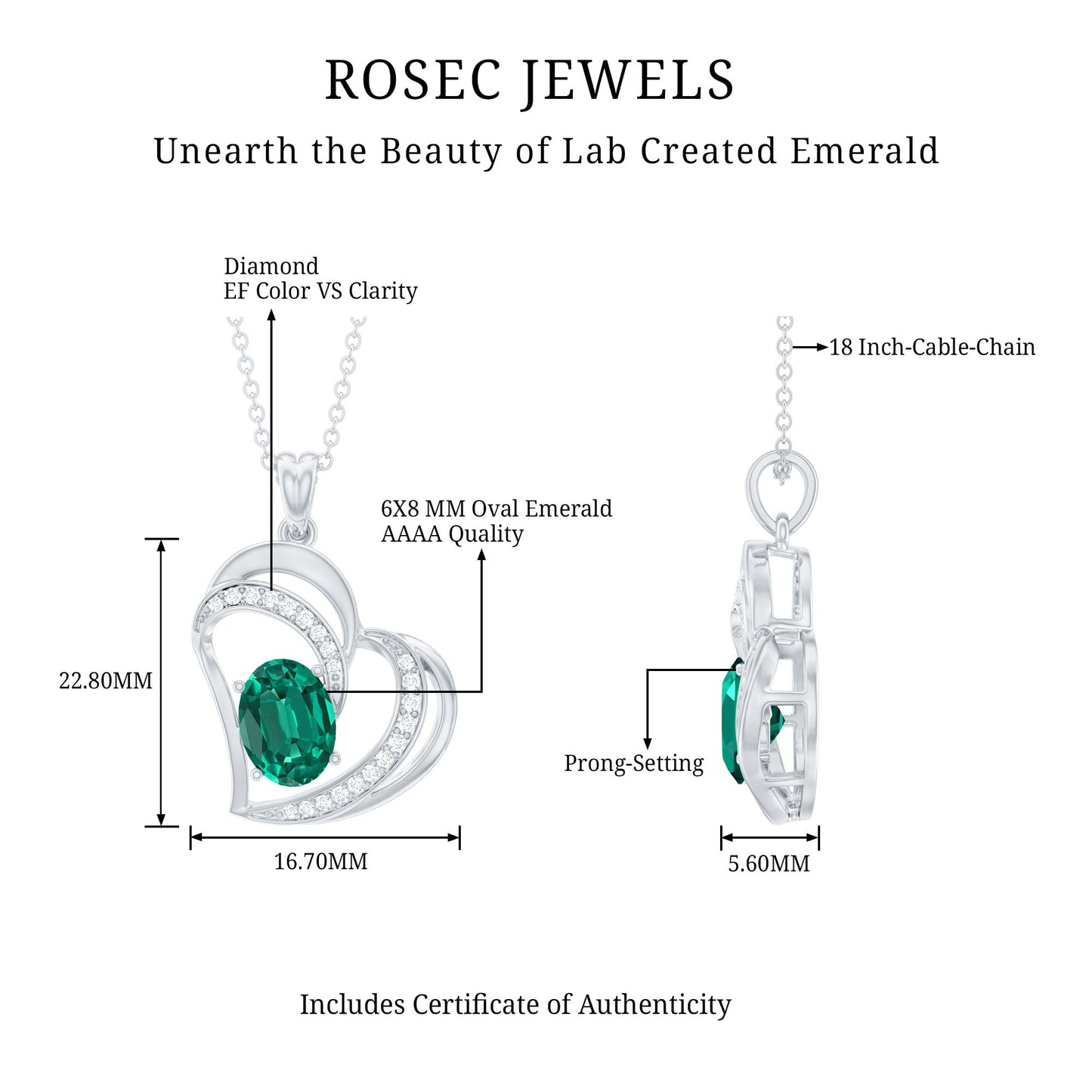 Lab Grown Emerald Heart Pendant Necklace with Diamonds