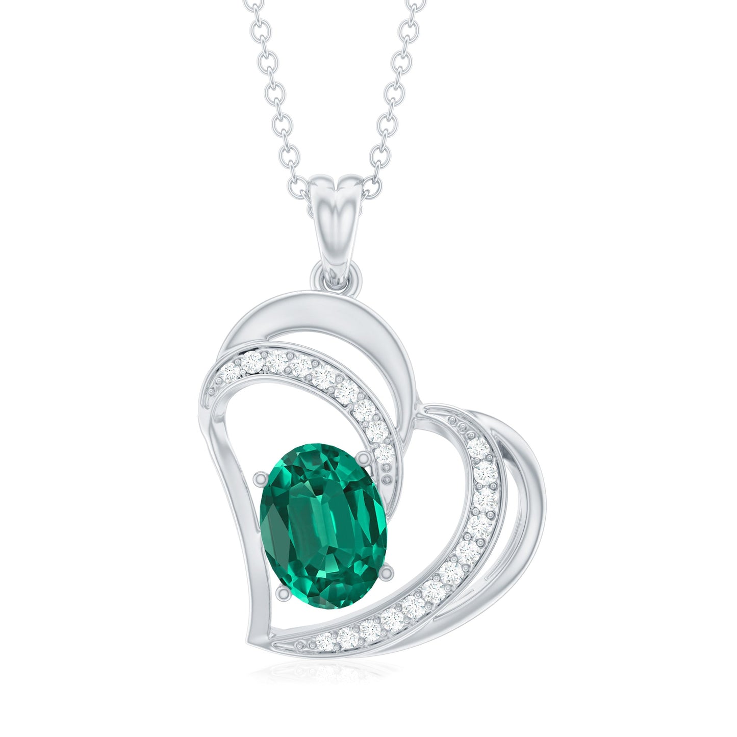 Lab Grown Emerald Heart Pendant Necklace with Diamonds