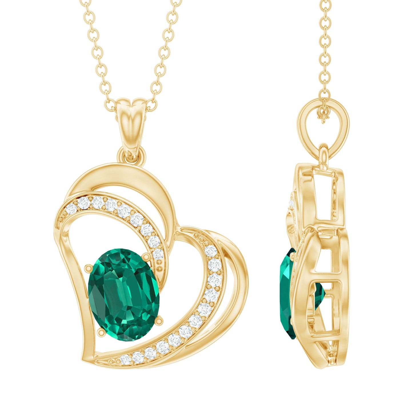 Lab Grown Emerald Heart Pendant Necklace with Diamonds