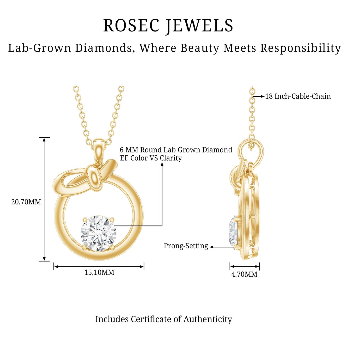 Round Lab Grown Diamond Open Circle Necklace with Bow