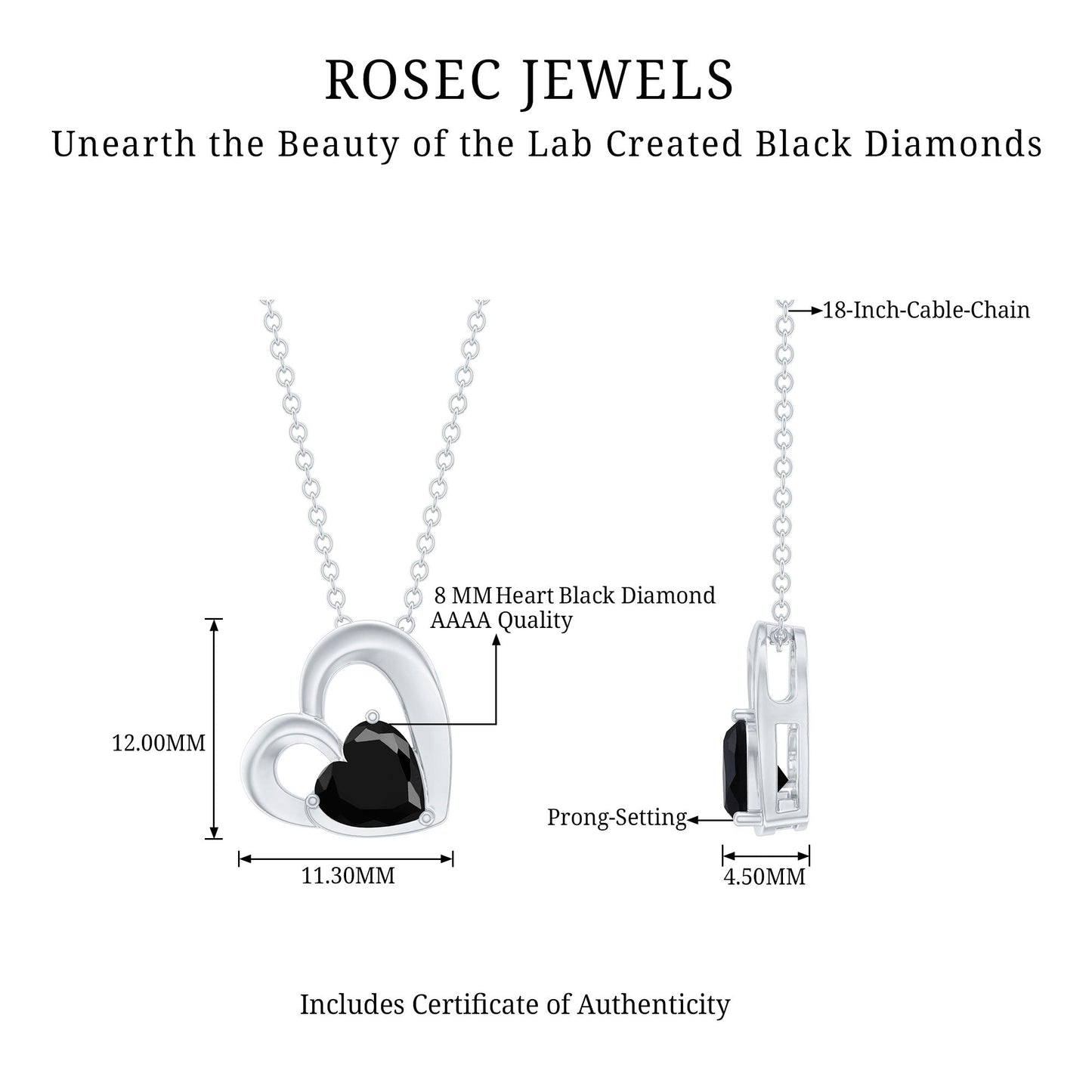 2.4 Carat Heart Lab Grown Black Diamond Solitaire Necklace