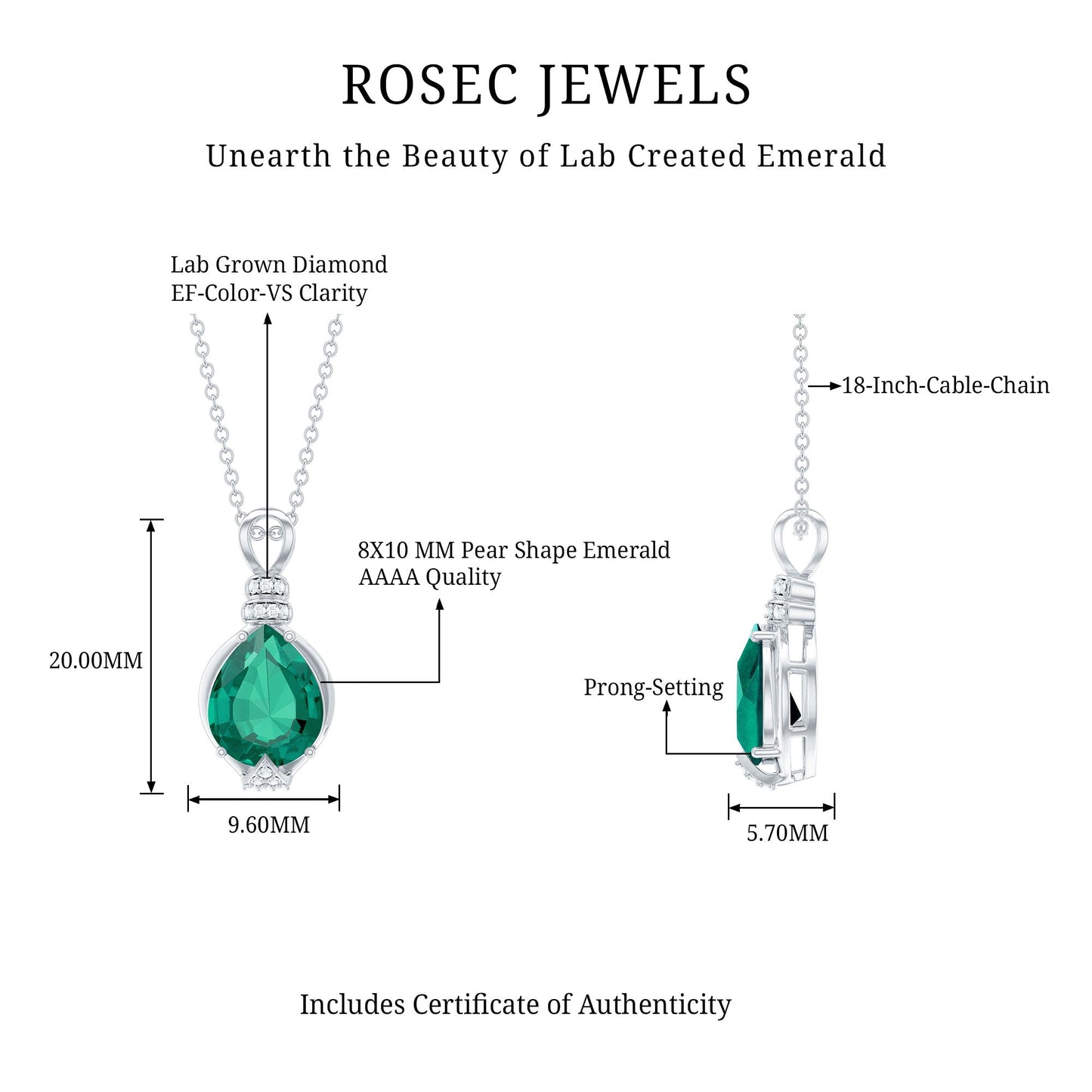 Pear Shape Lab Grown Emerald Solitaire Pendant Necklace