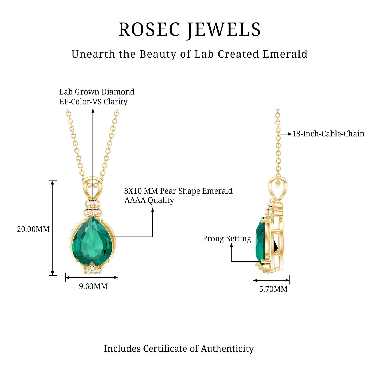 Pear Shape Lab Grown Emerald Solitaire Pendant Necklace