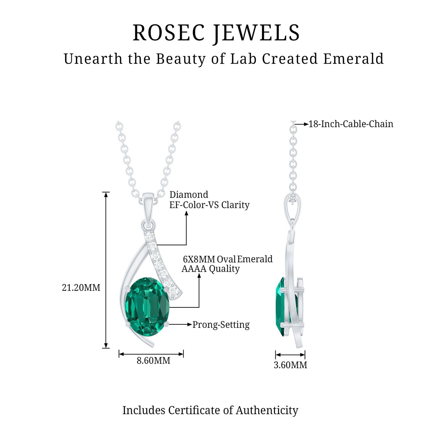 Certified Lab Grown Emerald Pendant Necklace with Diamond Accent