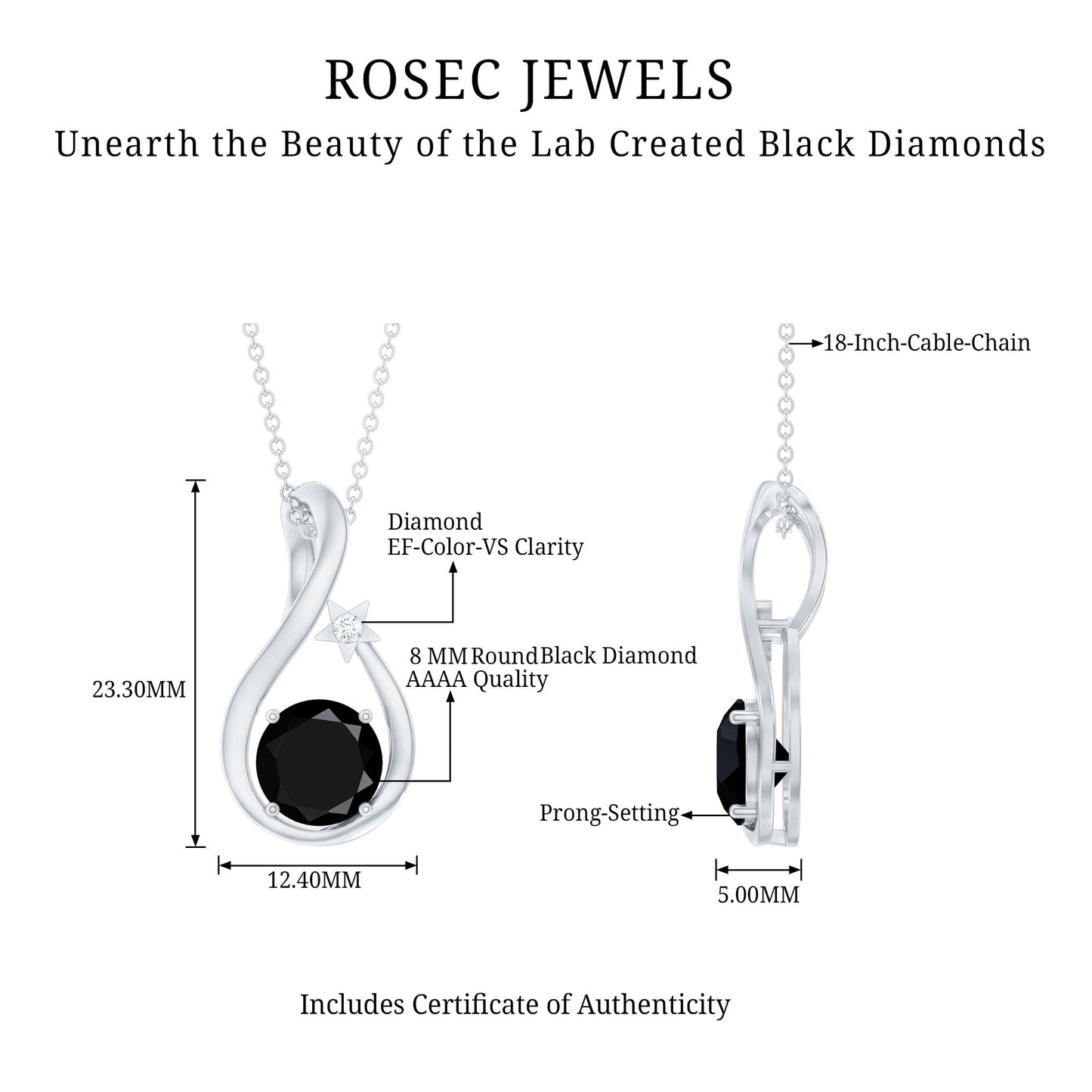 Womens Lab Grown Black and White Diamond Solitaire Star Drop Necklace