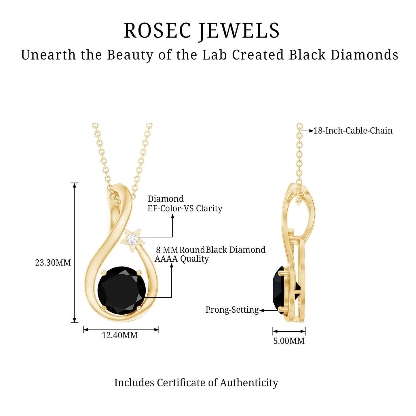 Womens Lab Grown Black and White Diamond Solitaire Star Drop Necklace