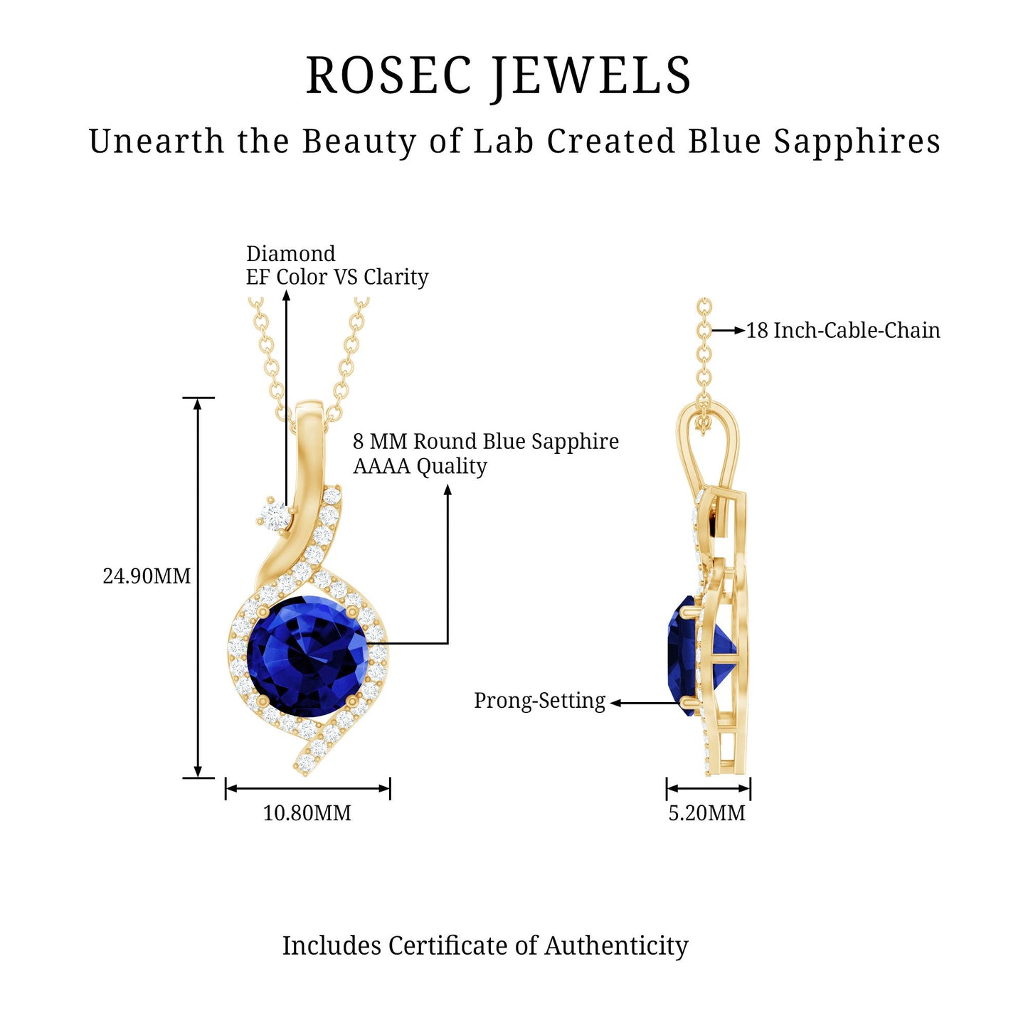 Certified Lab Grown Blue Sapphire Pendant Necklace With Diamonds