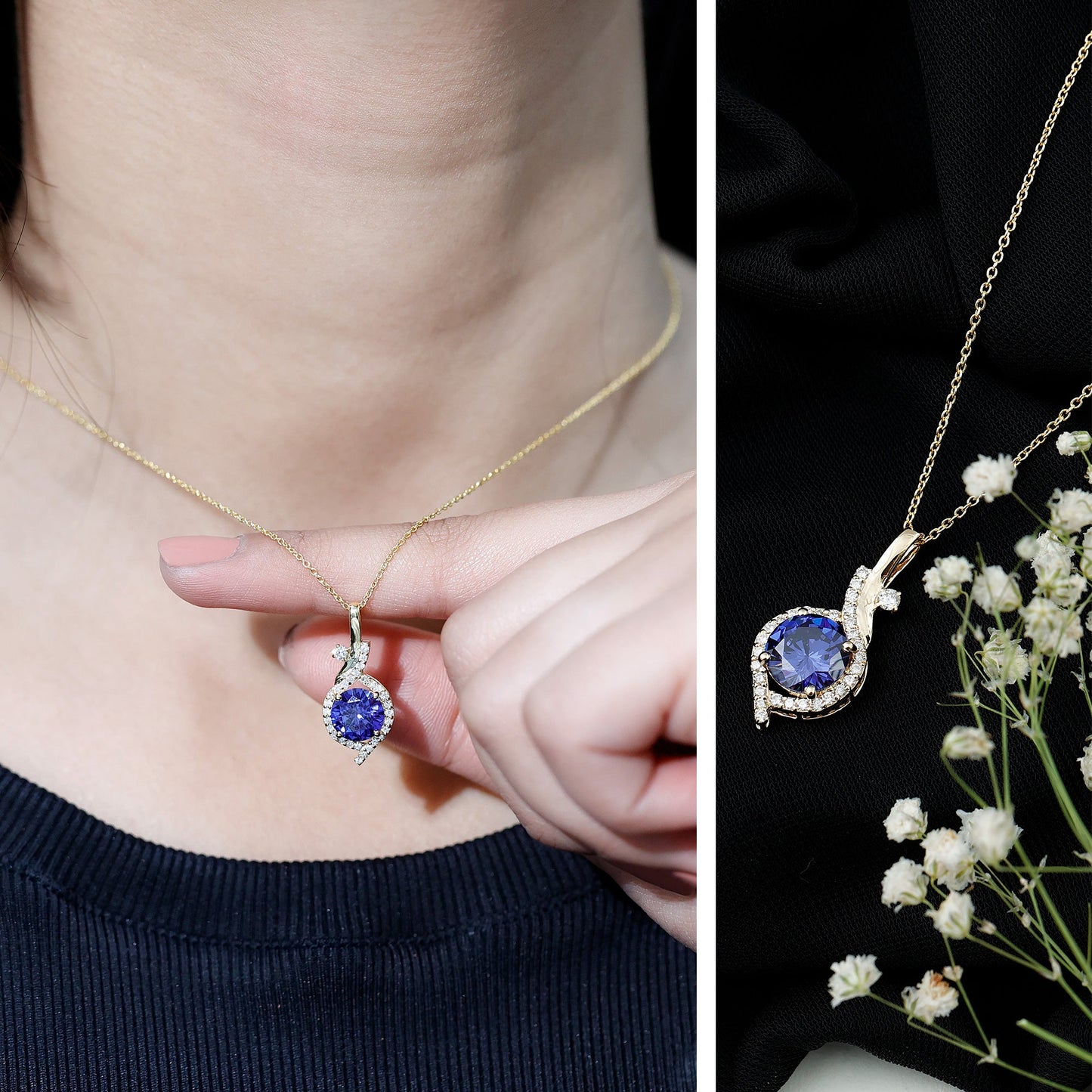 Certified Lab Grown Blue Sapphire Pendant Necklace With Diamonds