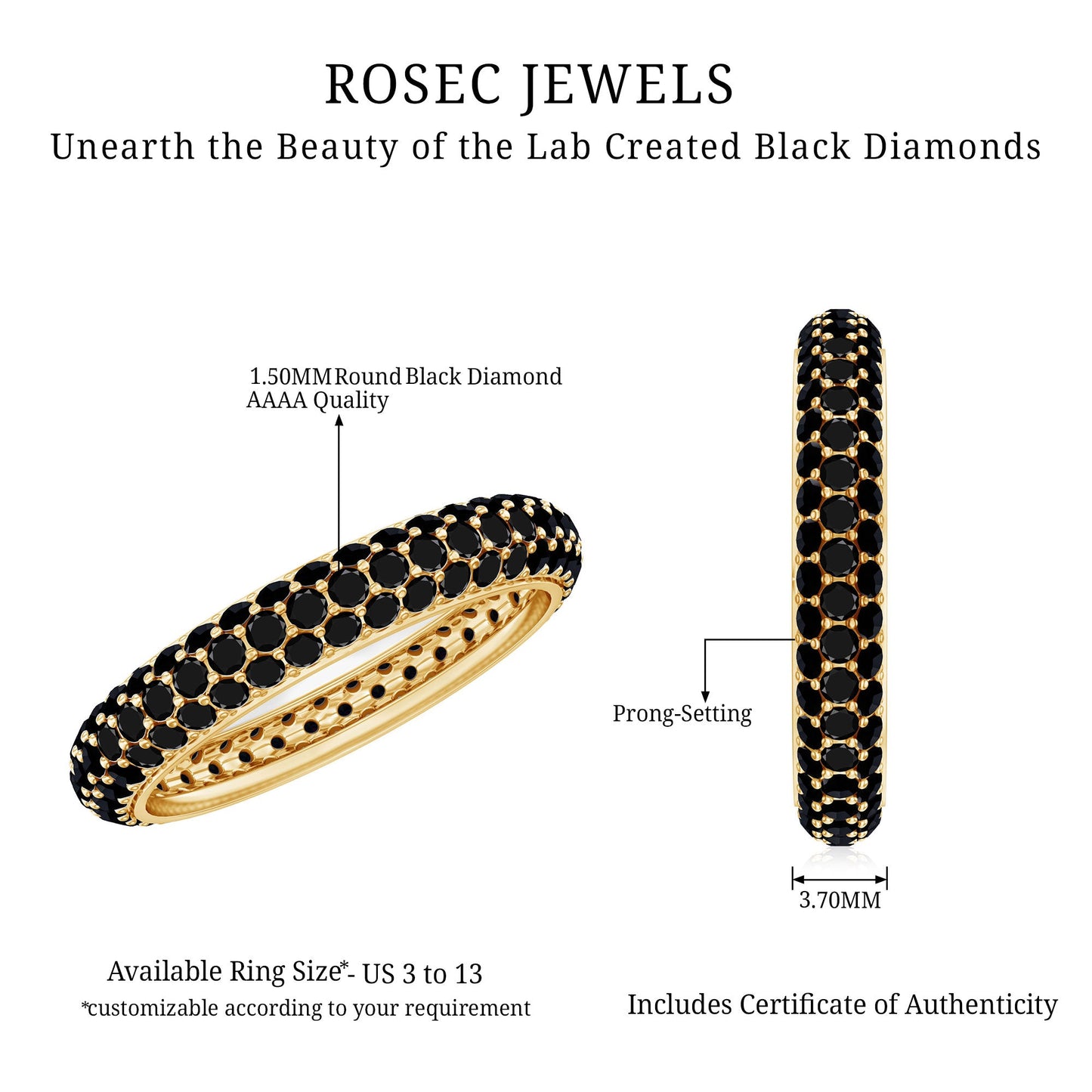 Certified Lab Grown Black Diamond 3 Row Eternity Band Ring
