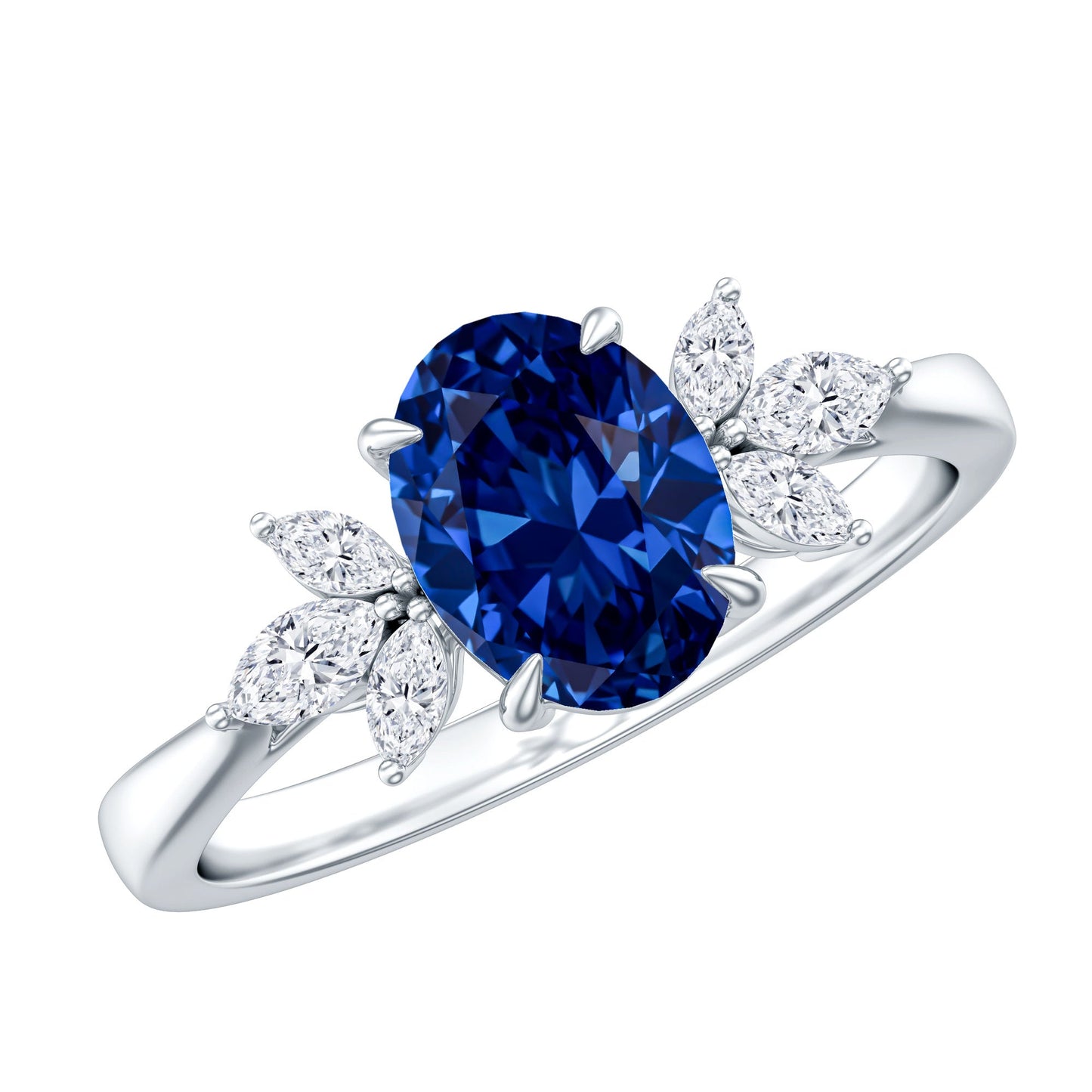 Certified 1.5 Carat Oval Lab Grown Blue Sapphire Engagement Ring with Diamond Trio