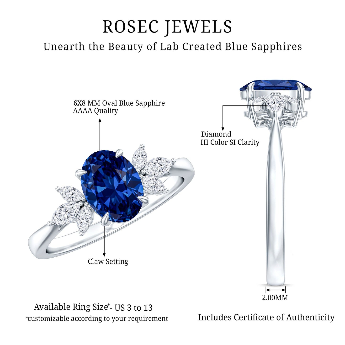 Certified 1.5 Carat Oval Lab Grown Blue Sapphire Engagement Ring with Diamond Trio