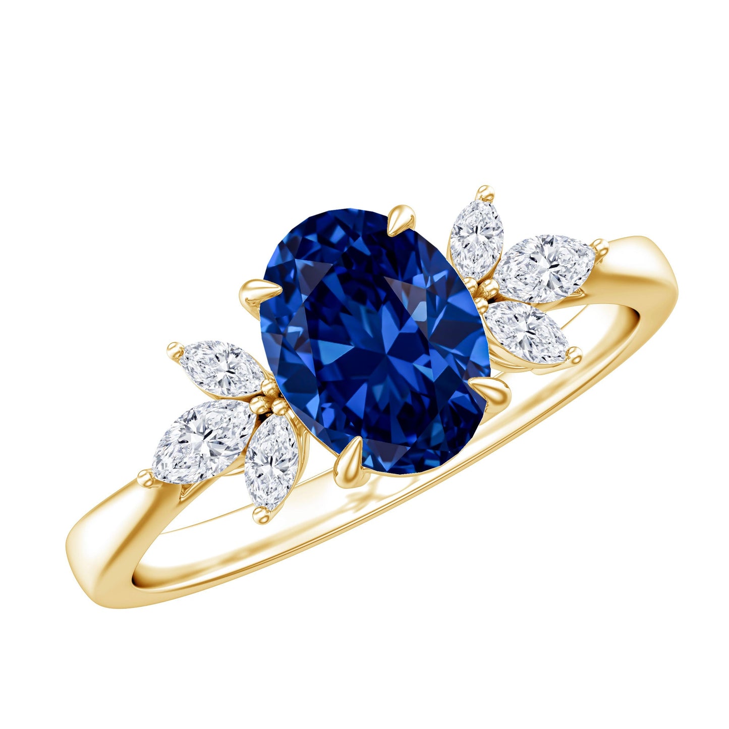 Certified 1.5 Carat Oval Lab Grown Blue Sapphire Engagement Ring with Diamond Trio