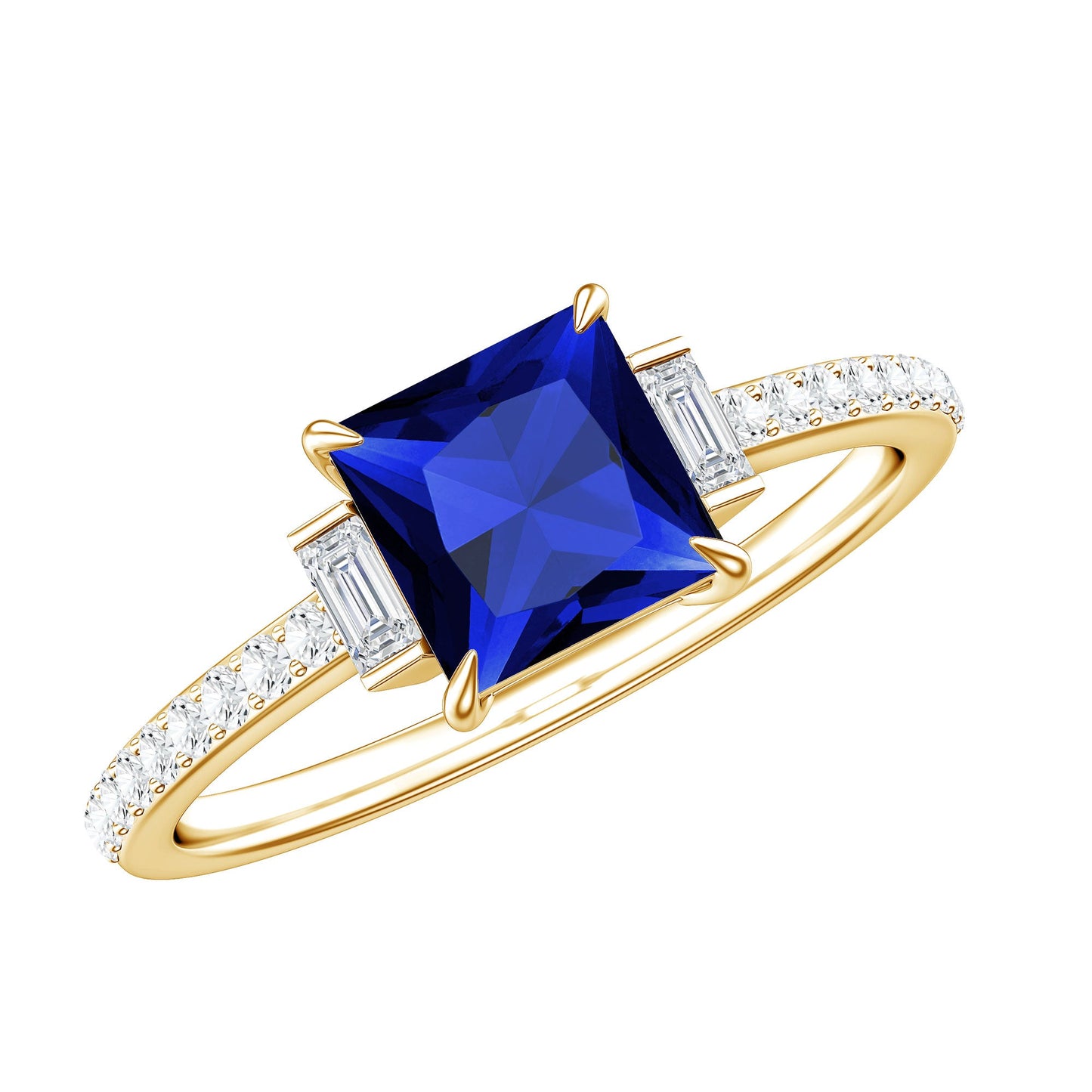 Princess Cut Created Blue Sapphire Solitaire Engagement Ring With Moissanite