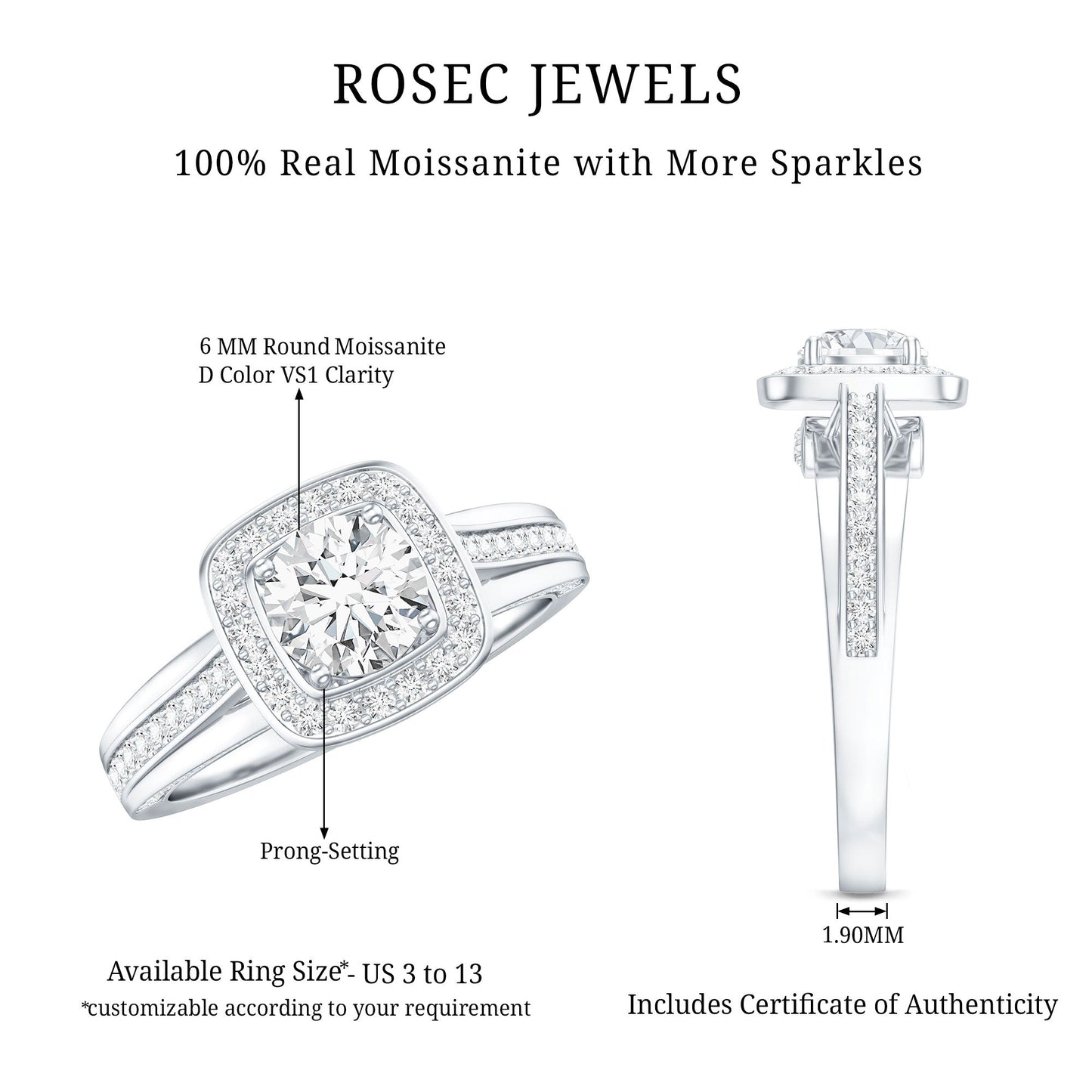 Classic Moissanite Halo Engagement Ring with Certificate