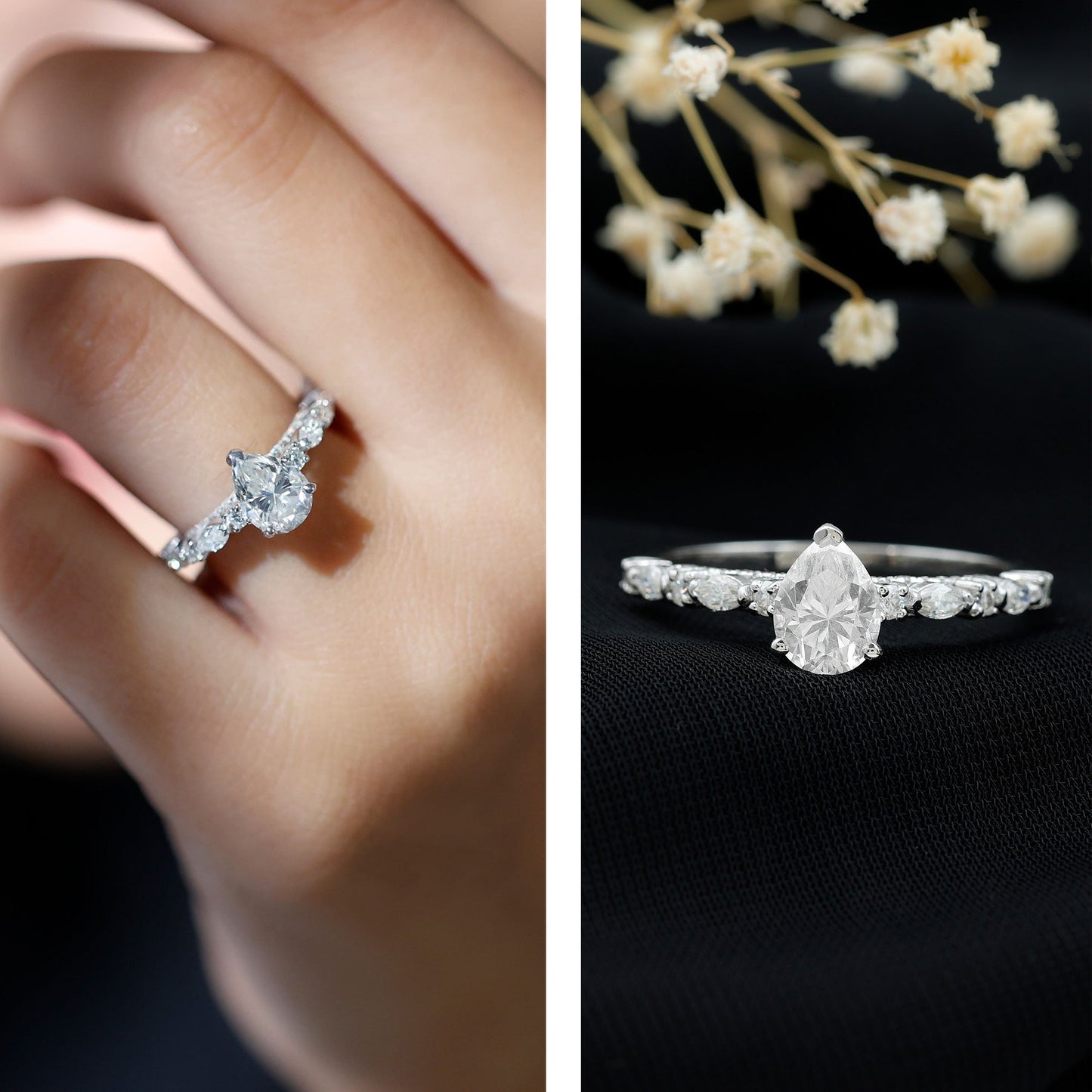 Solitaire Moissanite Teardrop Engagement Ring with Surprise Band