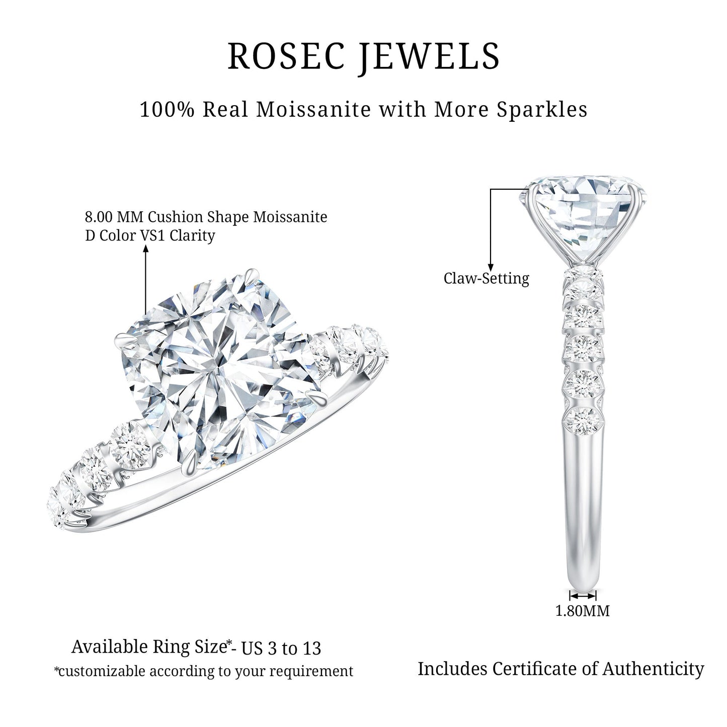 Cushion Cut Moissanite Solitaire Engagement Ring for Women
