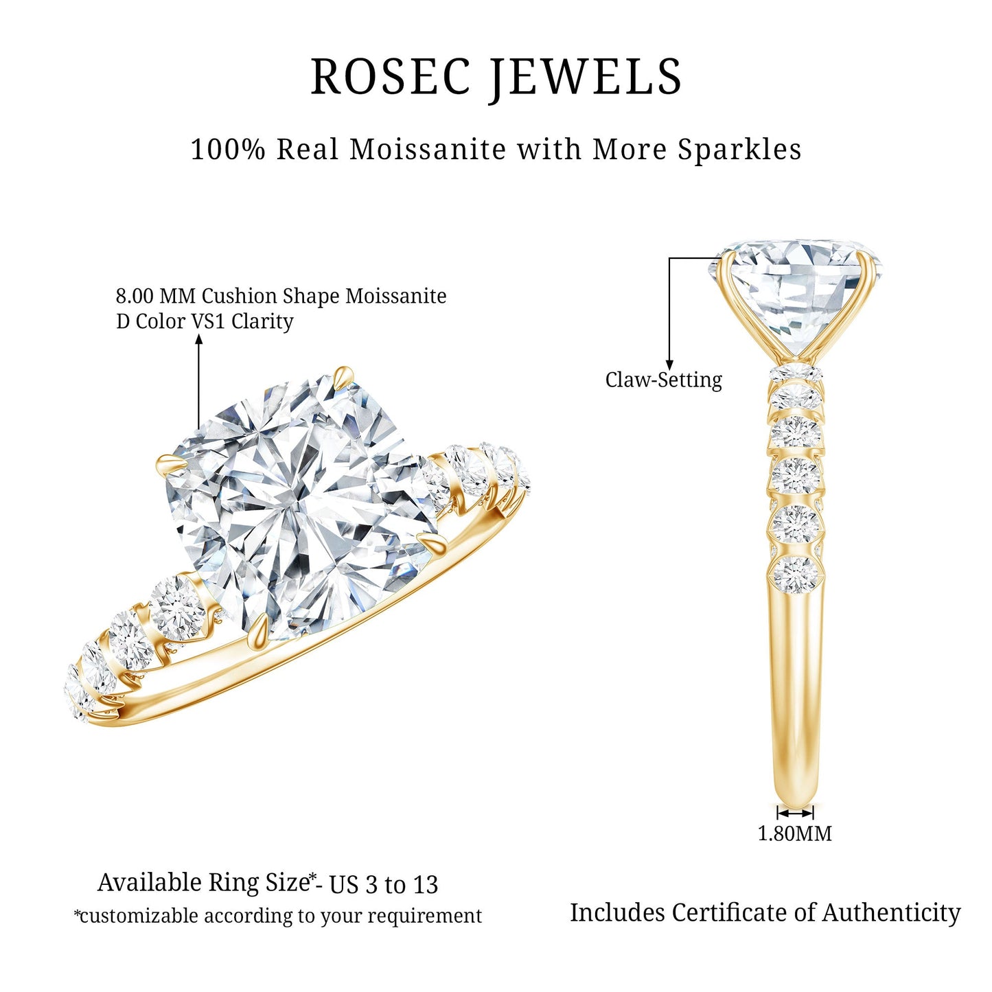 Cushion Cut Moissanite Solitaire Engagement Ring for Women