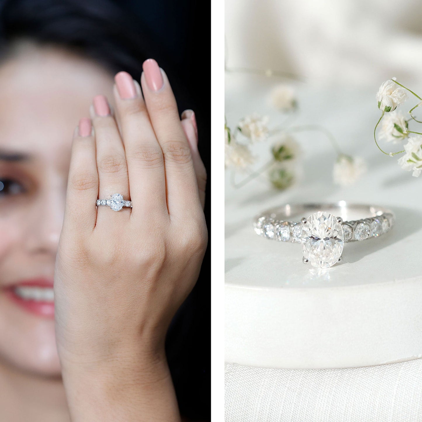 Oval Moissanite Solitaire Engagement Ring with Side Stones