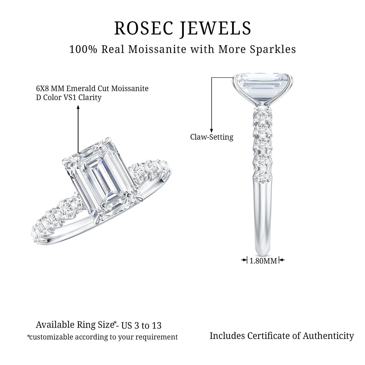 Octagon Moissanite Solitaire Engagement Ring with Side Stones