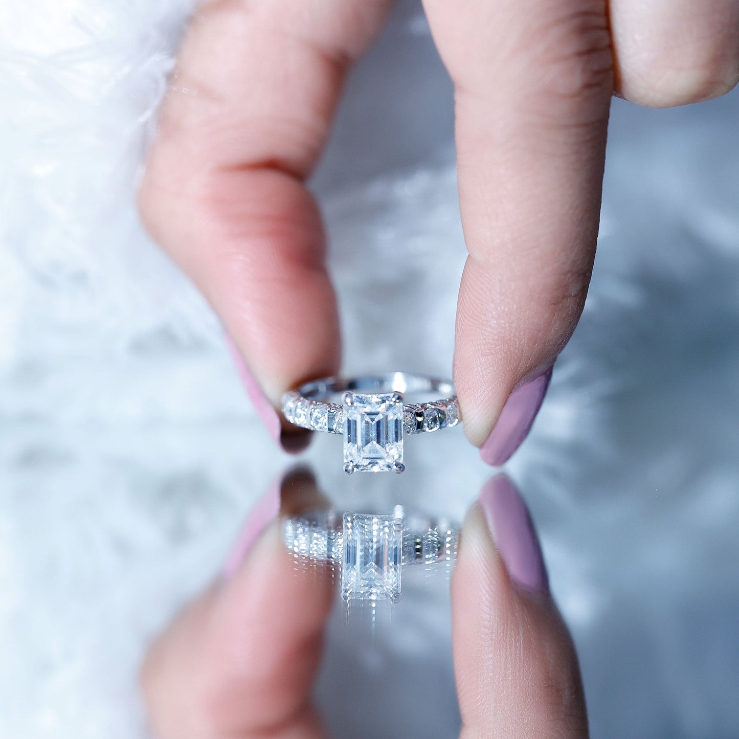 Octagon Moissanite Solitaire Engagement Ring with Side Stones