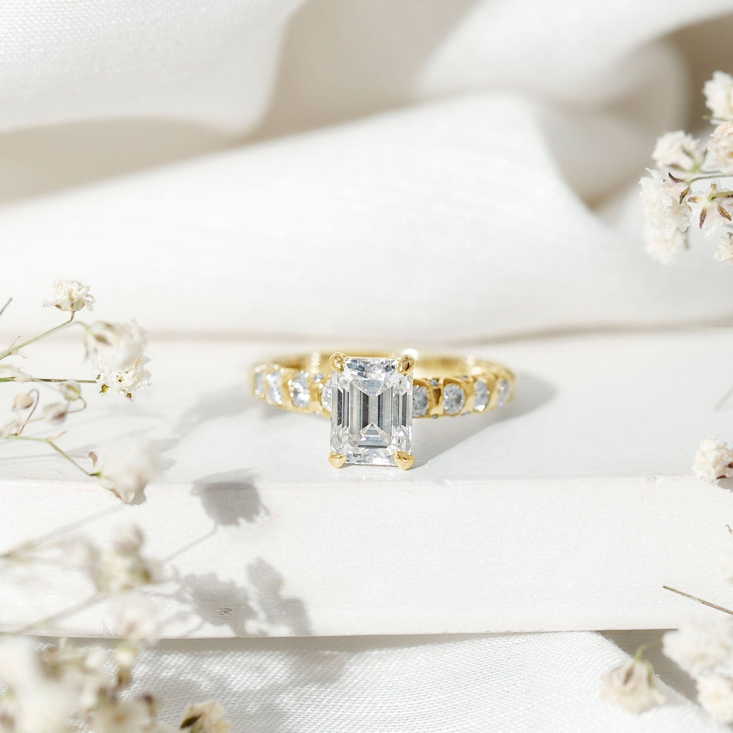 Octagon Moissanite Solitaire Engagement Ring with Side Stones