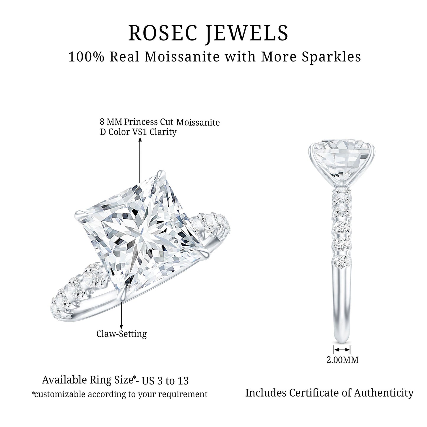 Princess Cut 3 Carat Moissanite Solitaire Engagement Ring with Side Stones