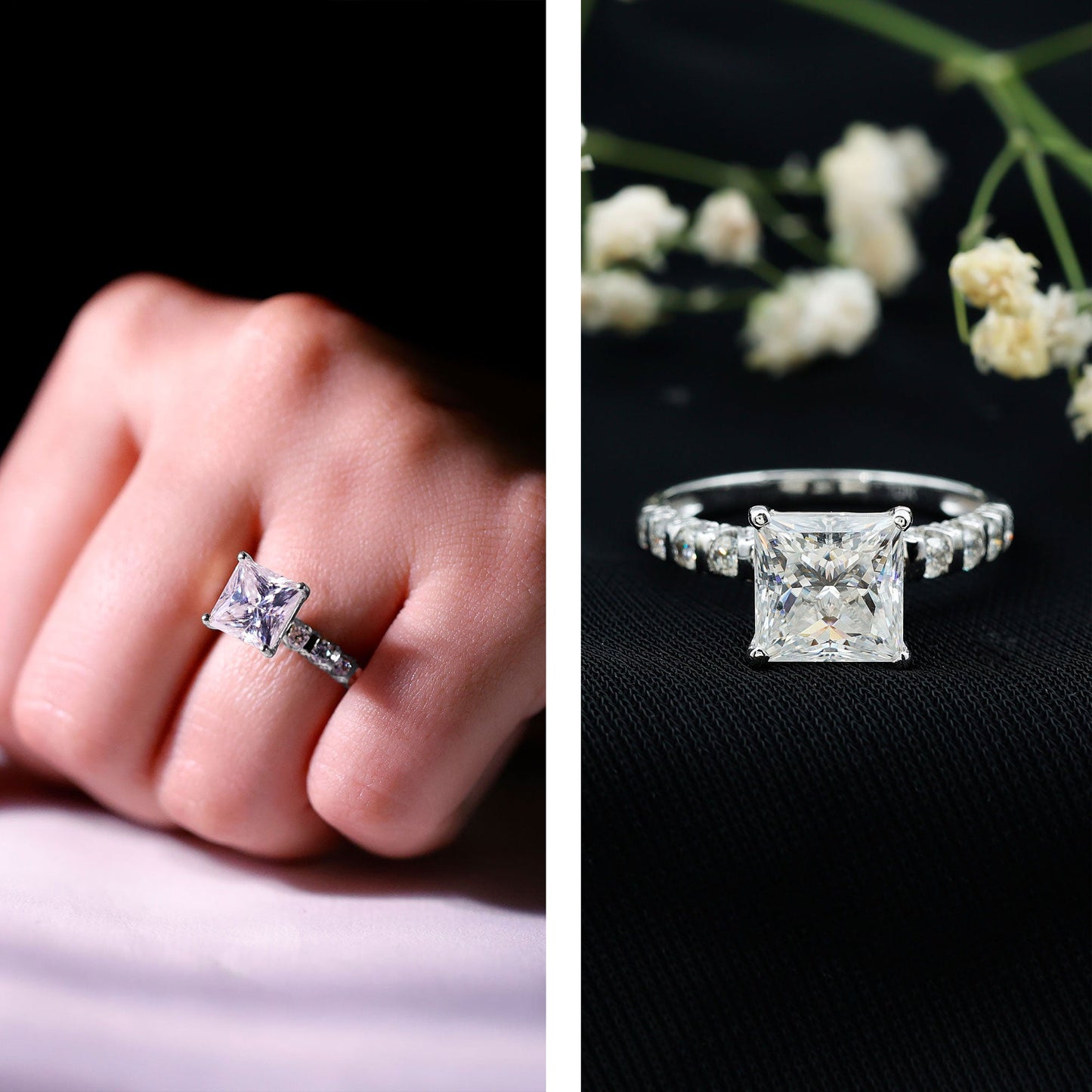 Princess Cut 3 Carat Moissanite Solitaire Engagement Ring with Side Stones