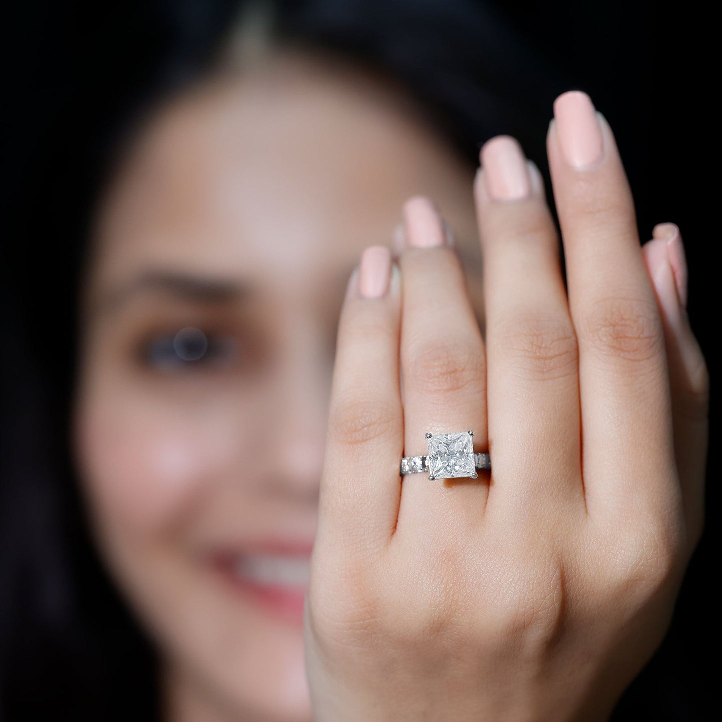 Princess Cut 3 Carat Moissanite Solitaire Engagement Ring with Side Stones