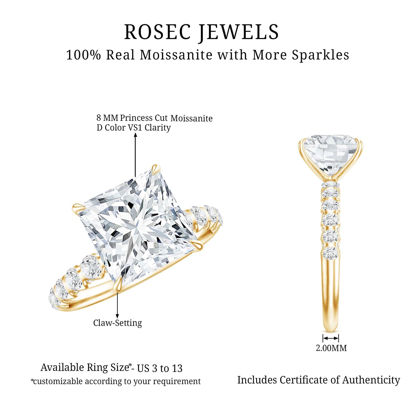 Princess Cut 3 Carat Moissanite Solitaire Engagement Ring with Side Stones