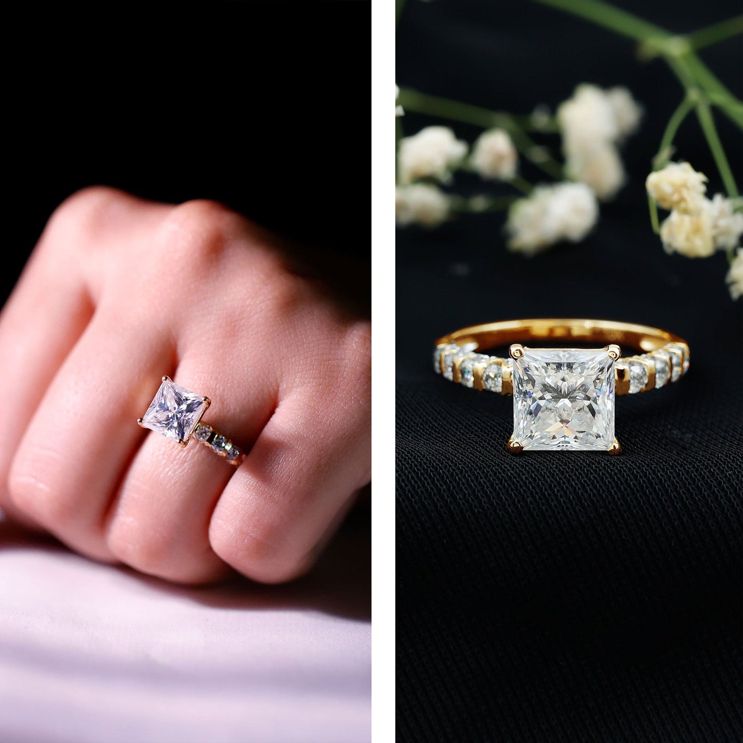 Princess Cut 3 Carat Moissanite Solitaire Engagement Ring with Side Stones