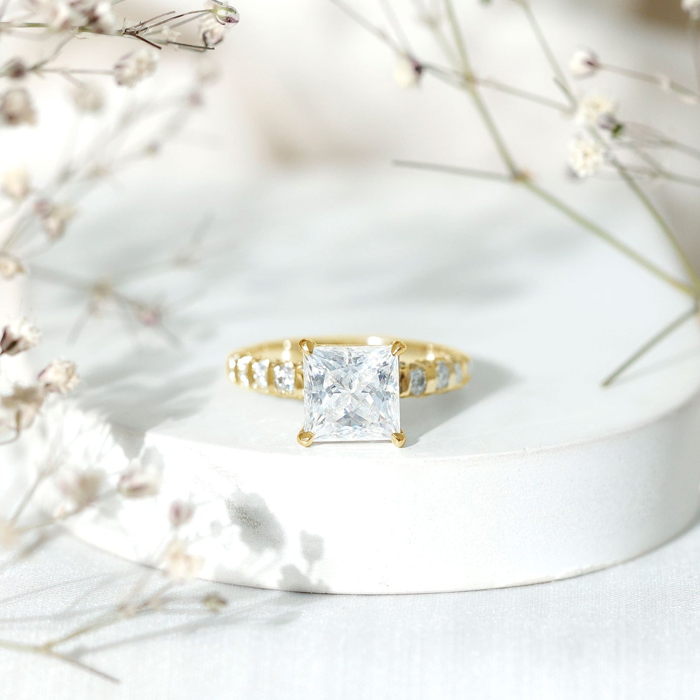 Princess Cut 3 Carat Moissanite Solitaire Engagement Ring with Side Stones