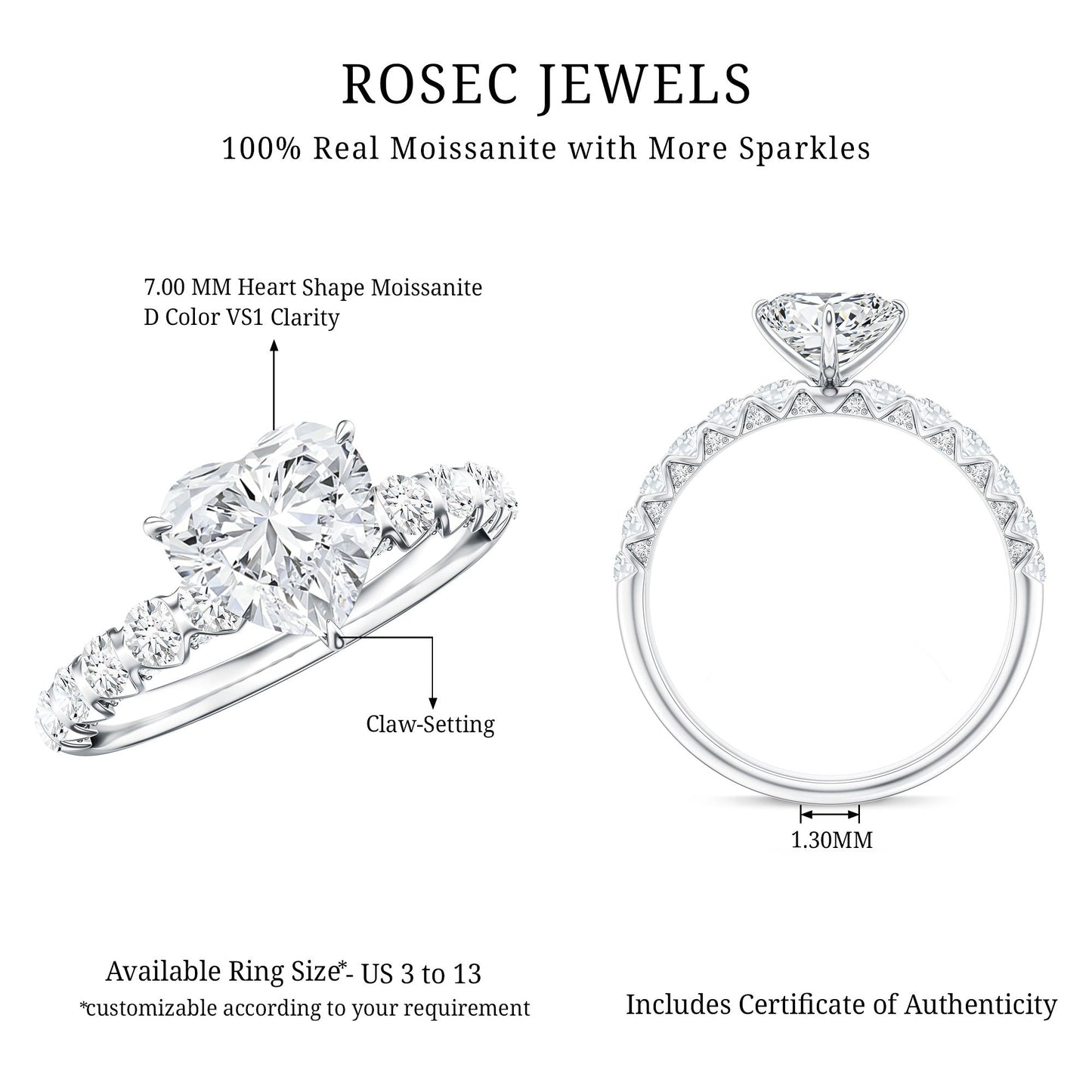 Heart Shape Moissanite Solitaire Engagement Ring With Side Stones