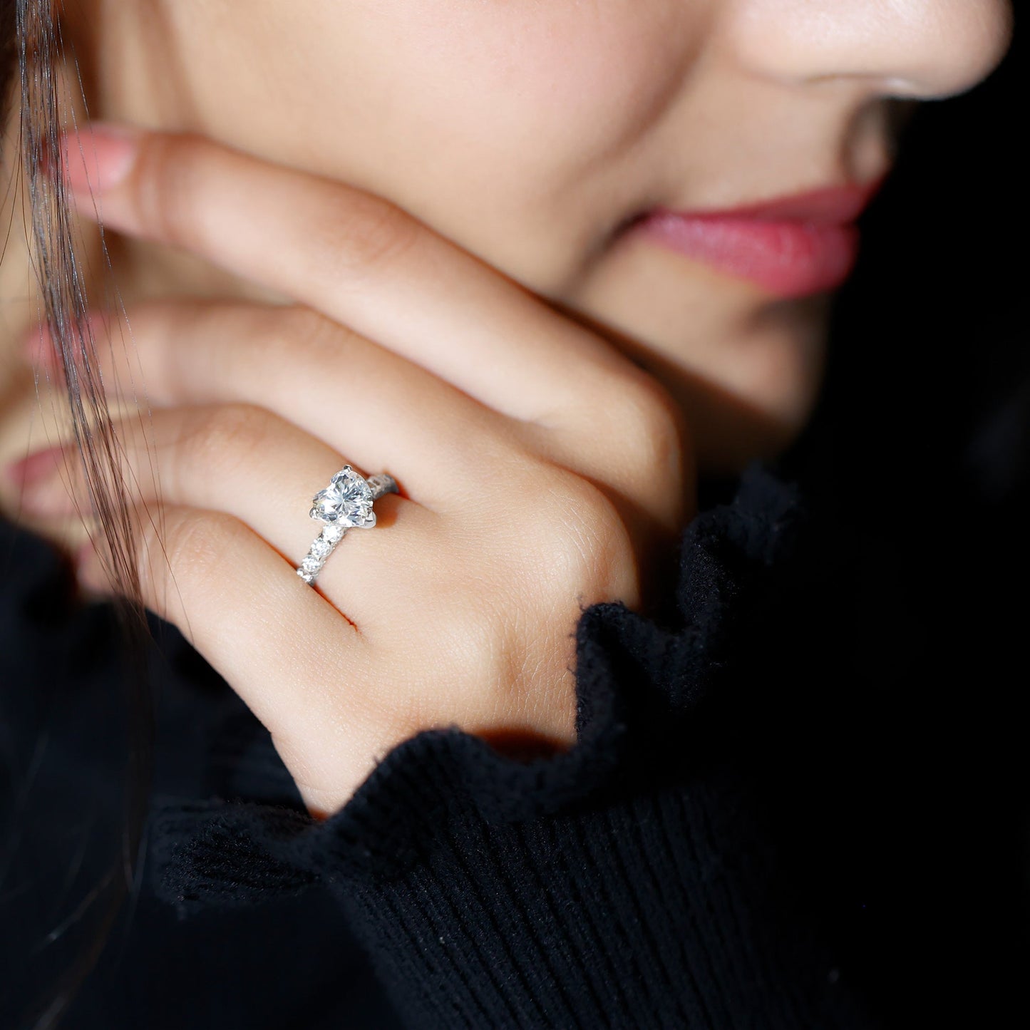 Heart Shape Moissanite Solitaire Engagement Ring With Side Stones