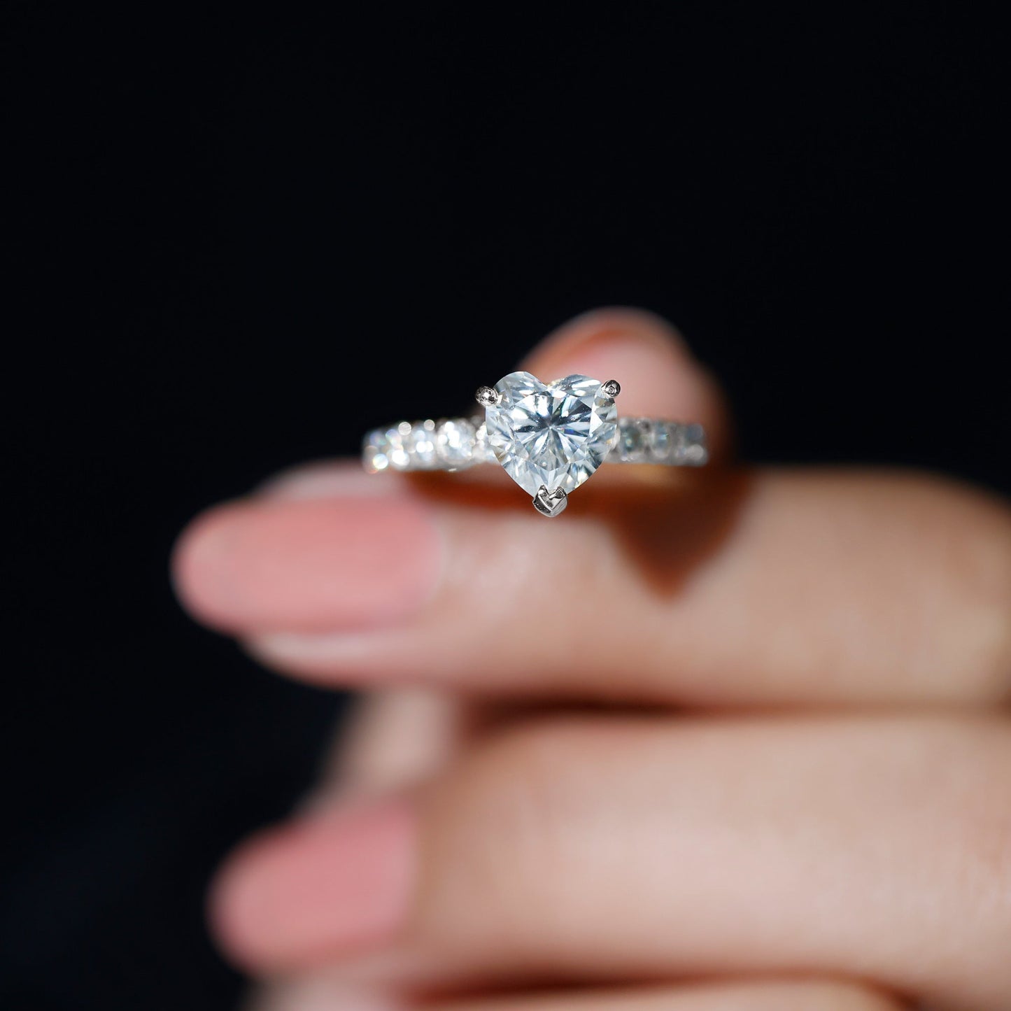 Heart Shape Moissanite Solitaire Engagement Ring With Side Stones