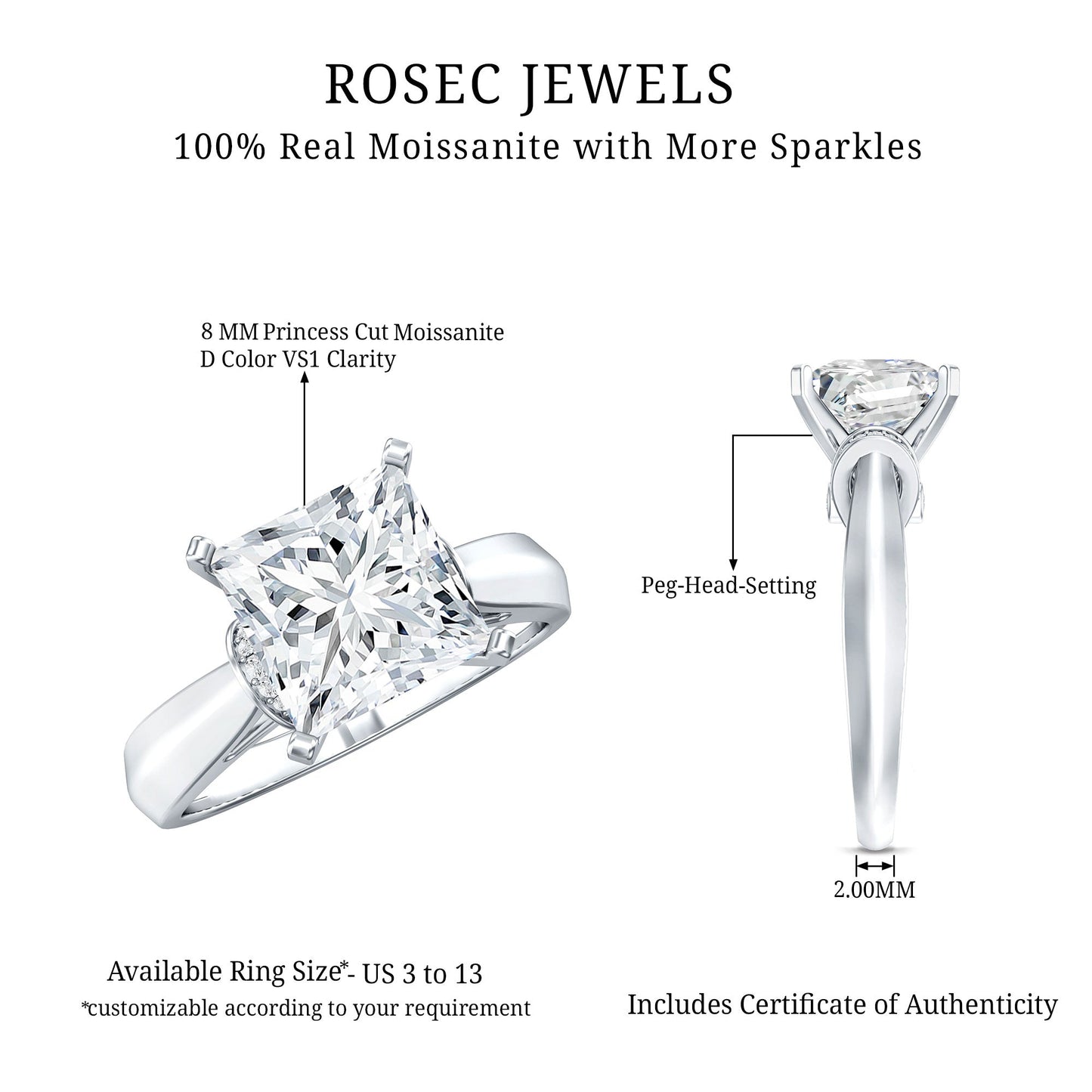 Princess Cut Certified Moissanite Solitaire Engagement Ring