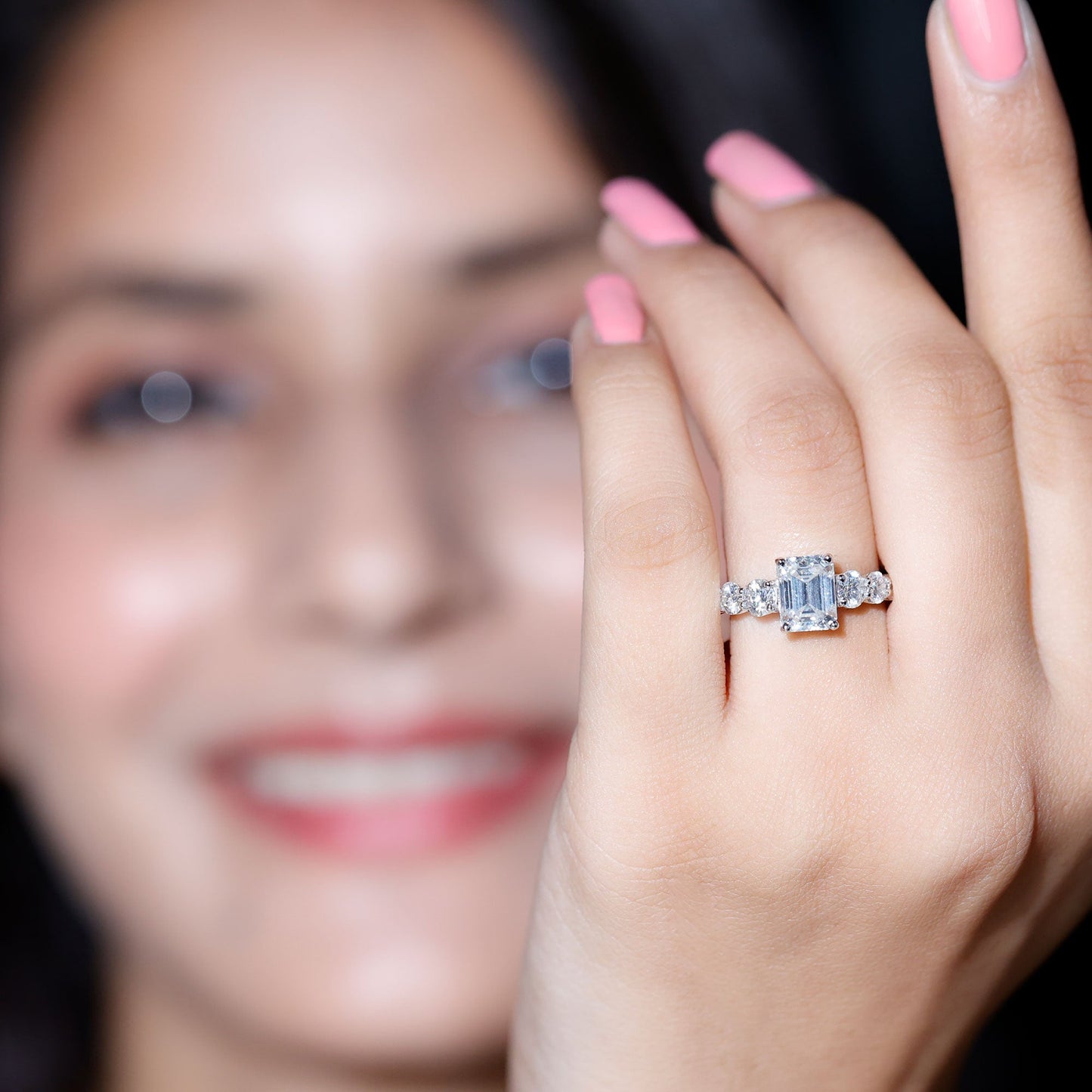 1.8 Carat Emerald Cut Moissanite Side Stone Engagement Ring with Certificate