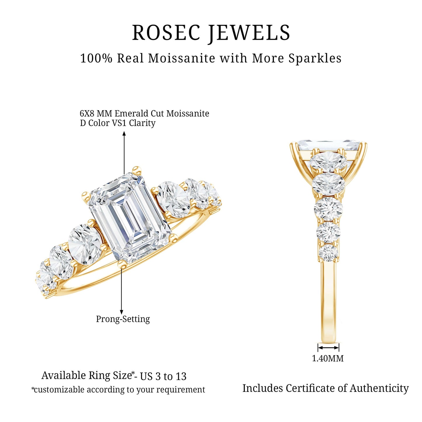 1.8 Carat Emerald Cut Moissanite Side Stone Engagement Ring with Certificate
