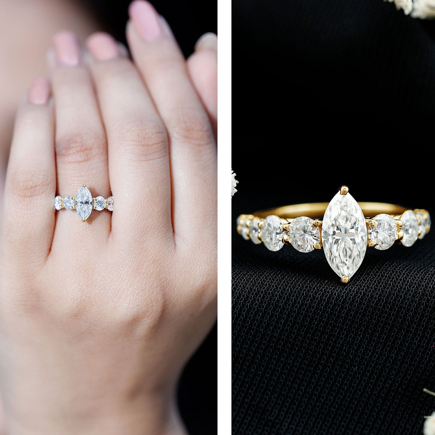 Marquise Moissanite Engagement Ring With Side Stones