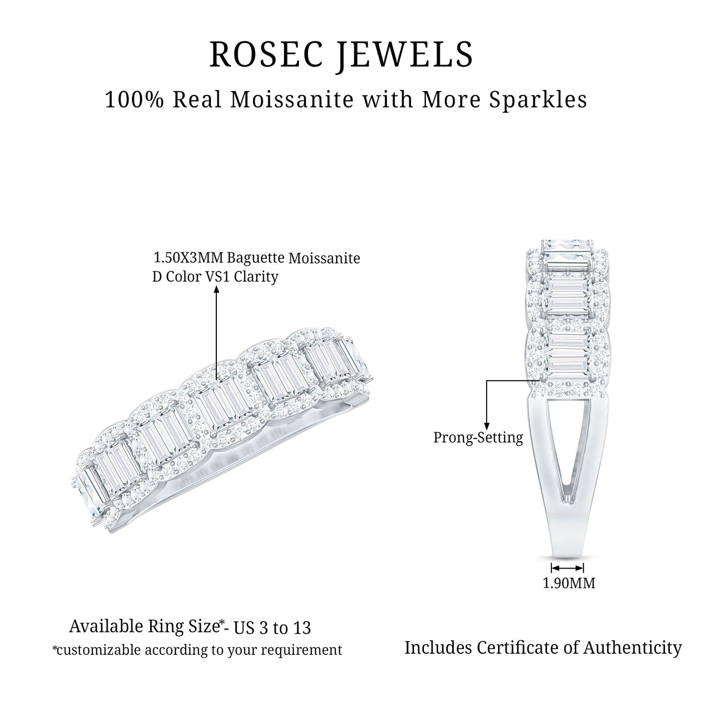 Designer Baguette Moissanite Half Eternity Band Ring