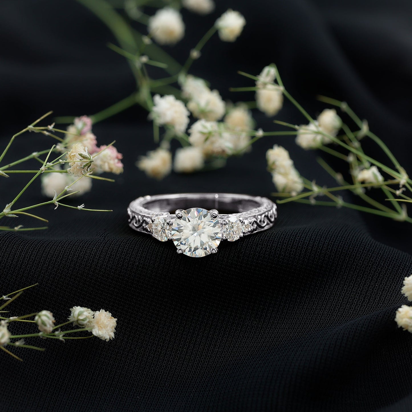 Vintage Style Moissanite 3 Stone Engagement Ring for Women