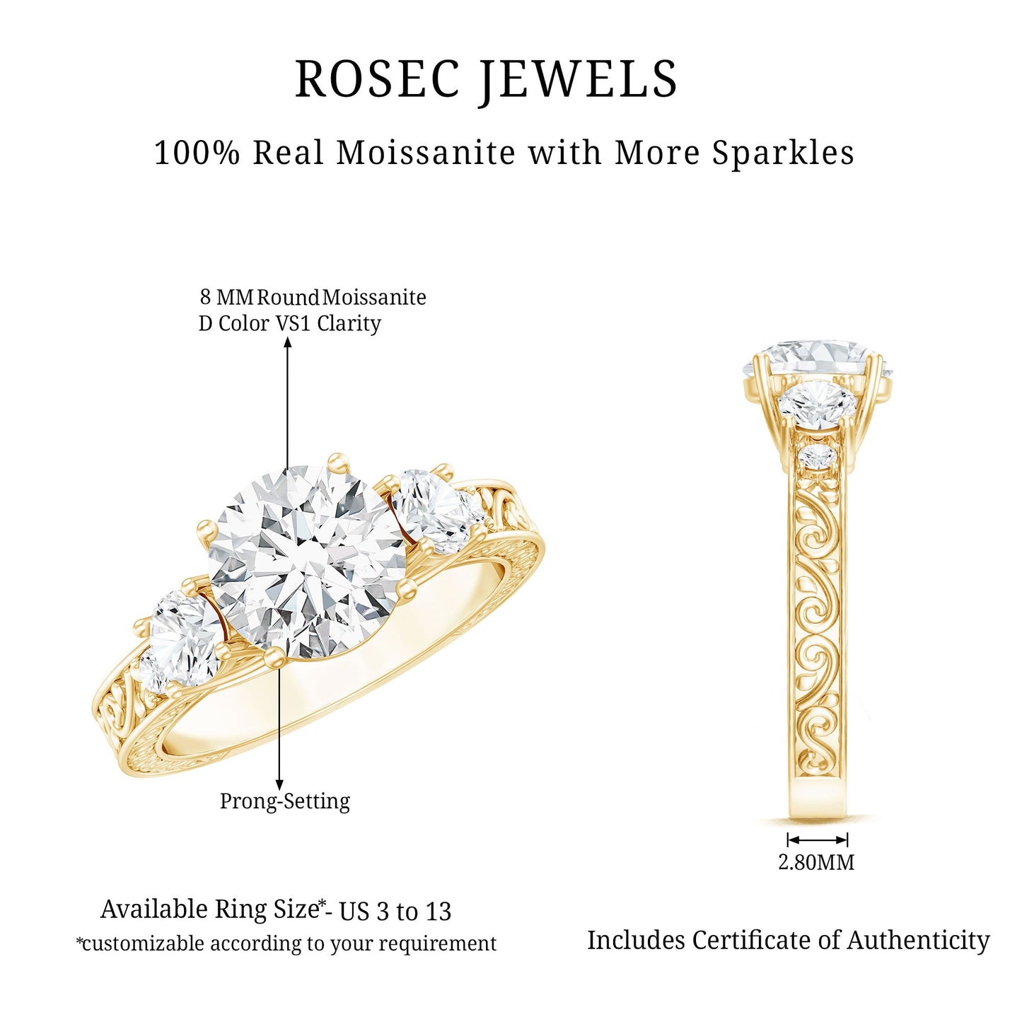 Vintage Style Moissanite 3 Stone Engagement Ring for Women