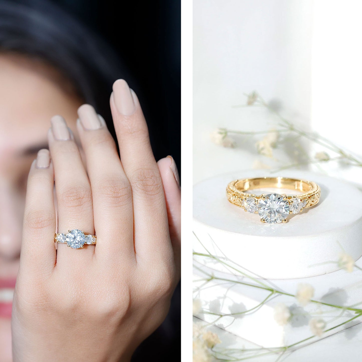 Vintage Style Moissanite 3 Stone Engagement Ring for Women