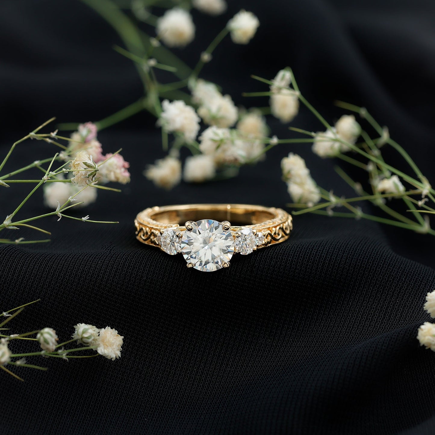 Vintage Style Moissanite 3 Stone Engagement Ring for Women