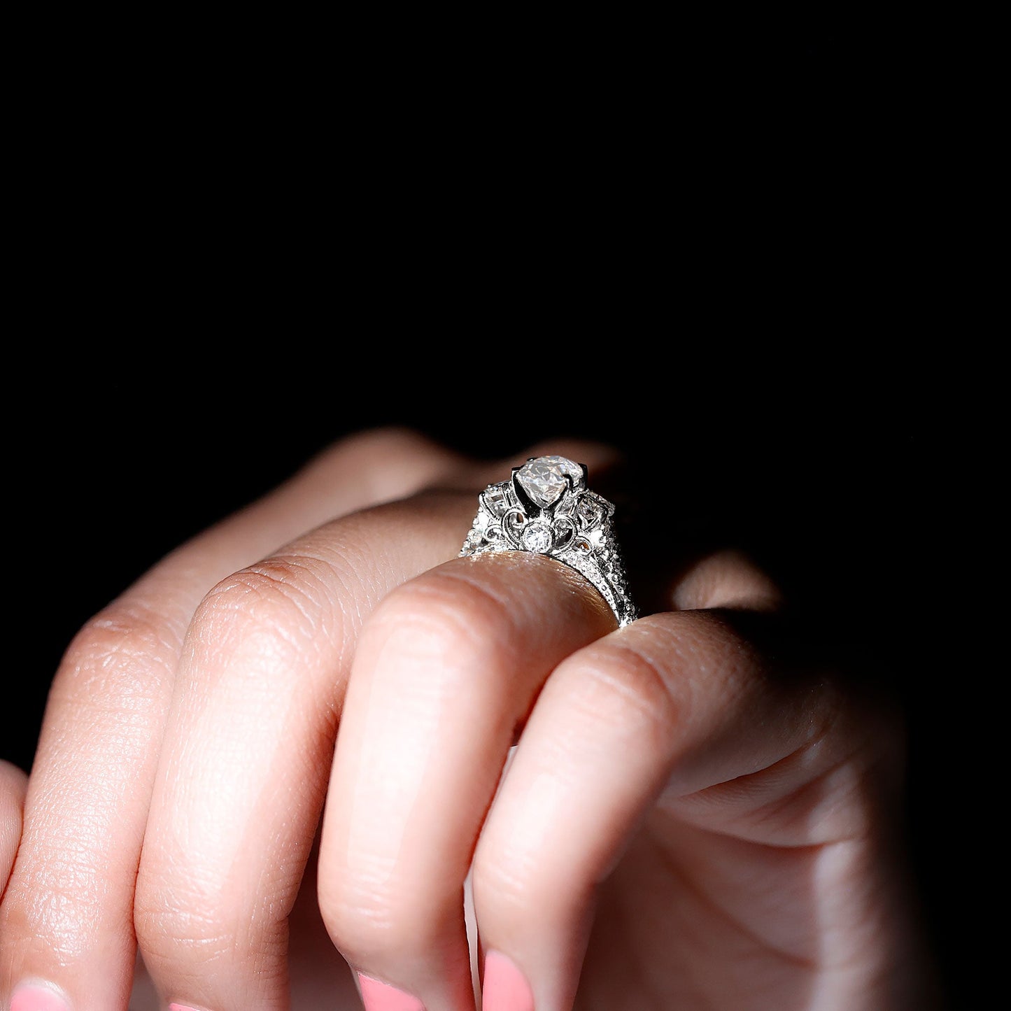 Certified Moissanite Three Stone Engagement Ring with Crossover Shank